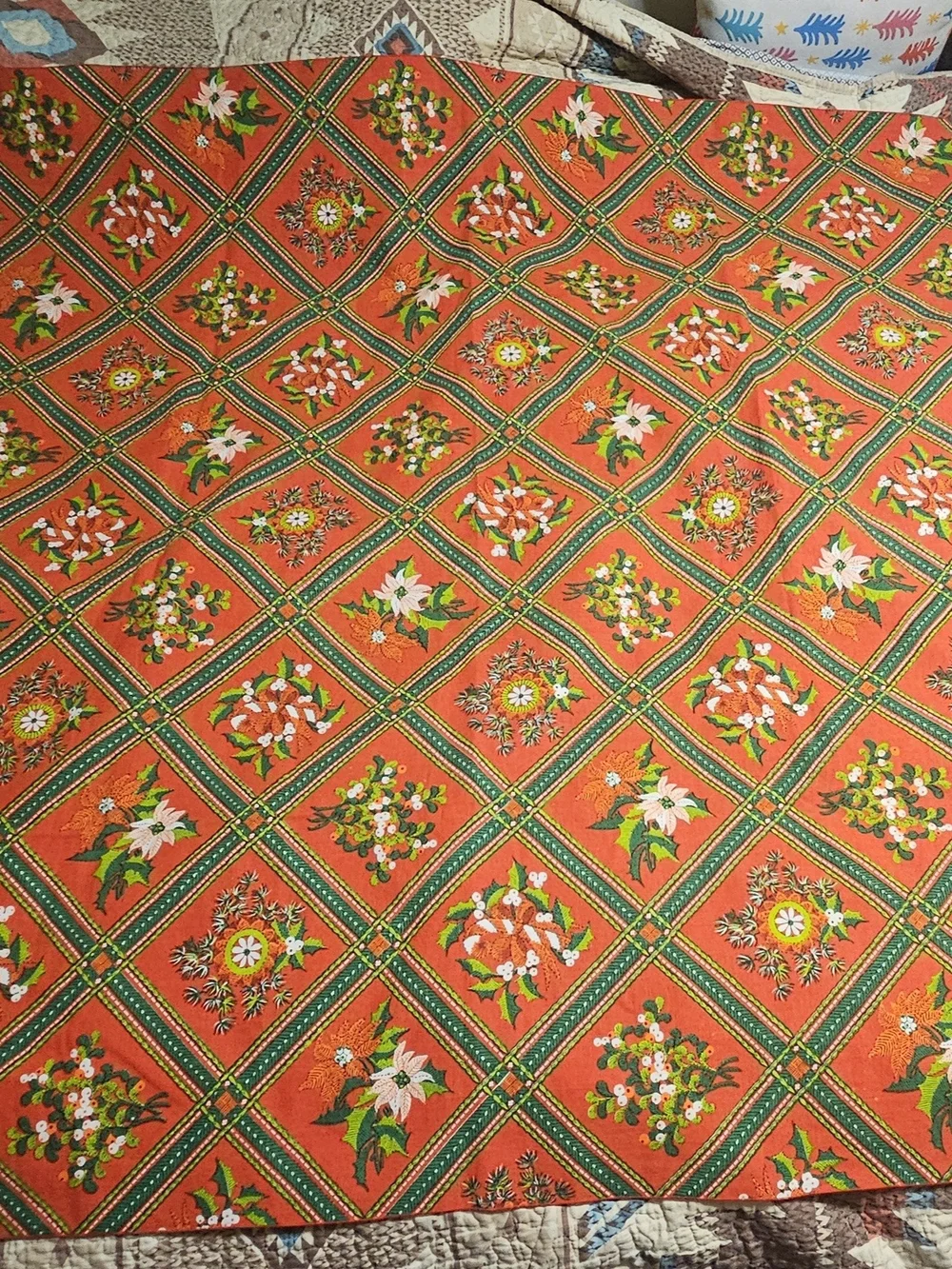 Vintage Holiday Plaid Poinsettia Tablecloth - Red